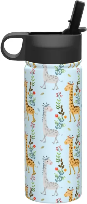 Cute Giraffe Flowers Print Flask Stainless Steel Water Bottle with Straw 18OZ FOR Outdoor Gym Commute