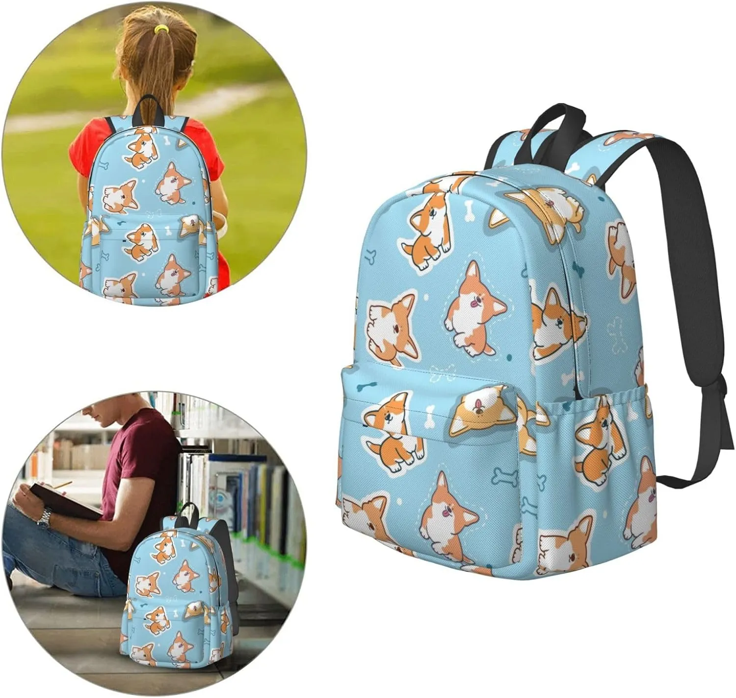 Delerain 17 Inch Backpack Corgi Dog Blue Laptop Backpack School Bookbag Shoulder Bag Casual Daypack For School/Camping/Hiking/Picnic/Beach/Travel