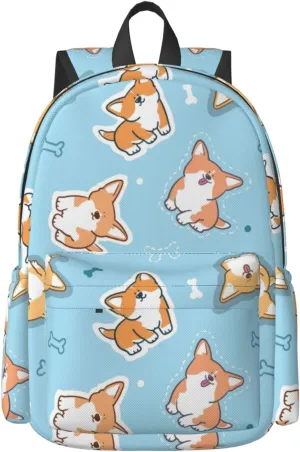 Delerain 17 Inch Backpack Corgi Dog Blue Laptop Backpack School Bookbag Shoulder Bag Casual Daypack For School/Camping/Hiking/Picnic/Beach/Travel