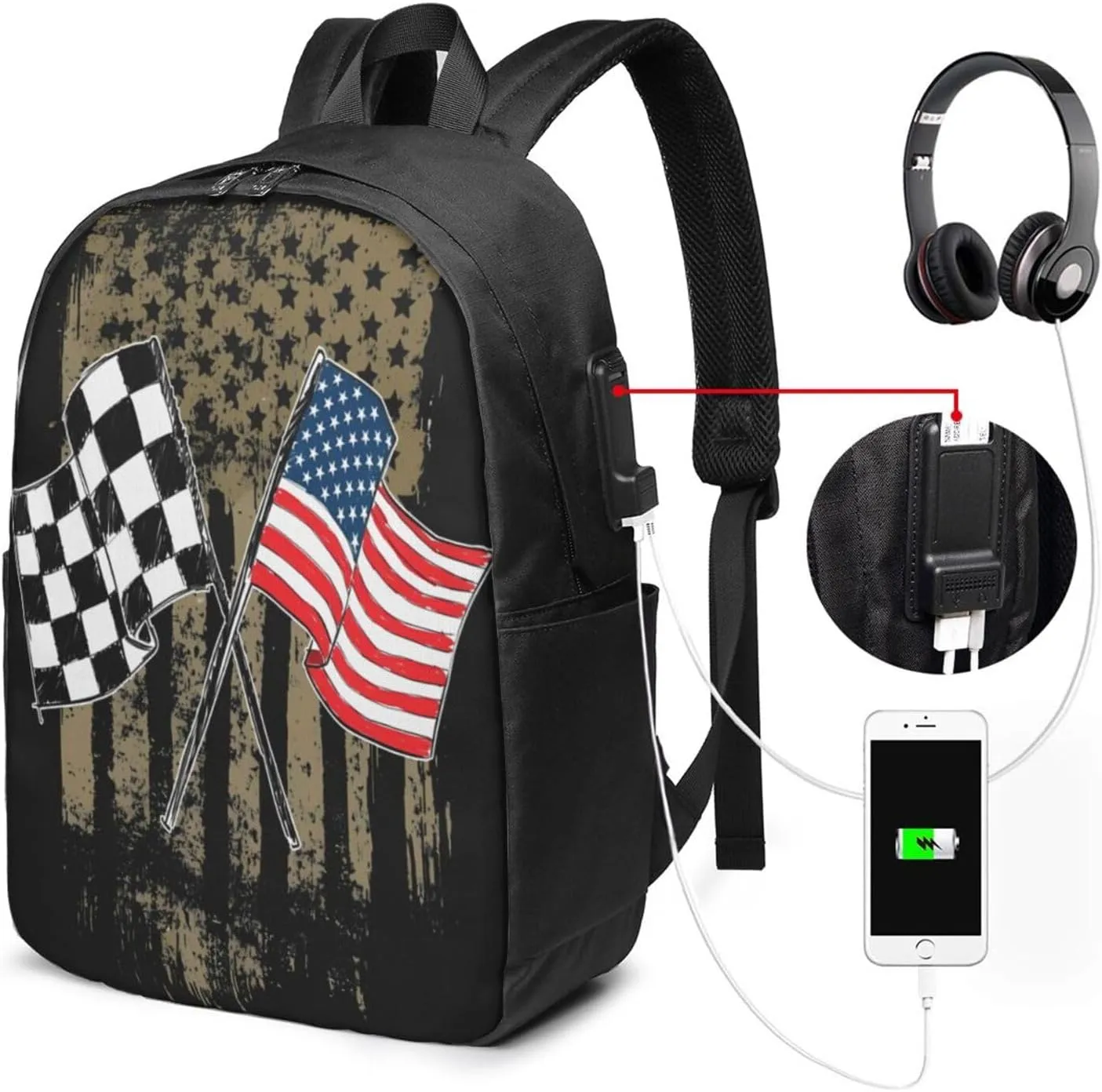 Dirt Track Racing Motocross Stock Car Racing Backpack 17 Inch Laptop Backpacks Outdoor Travel Rucksack Work Business Daypack with USB Port Carry On Bag for Cycling Hiking