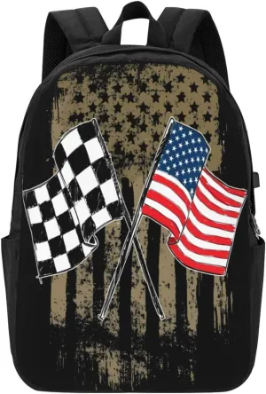 Dirt Track Racing Motocross Stock Car Racing Backpack 17 Inch Laptop Backpacks Outdoor Travel Rucksack Work Business Daypack with USB Port Carry On Bag for Cycling Hiking