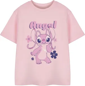 Disney Lilo & Stitch Girls Pink Short Sleeved T-Shirt | Angel Graphic Tee for Kids | Cute Stitch Character Top