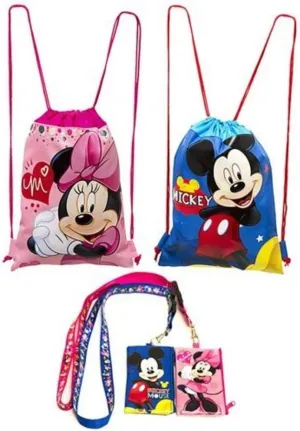 Disney Mickey and Minnie Mouse Drawstring Backpack Plus Lanyards with Detachable Coin Purse