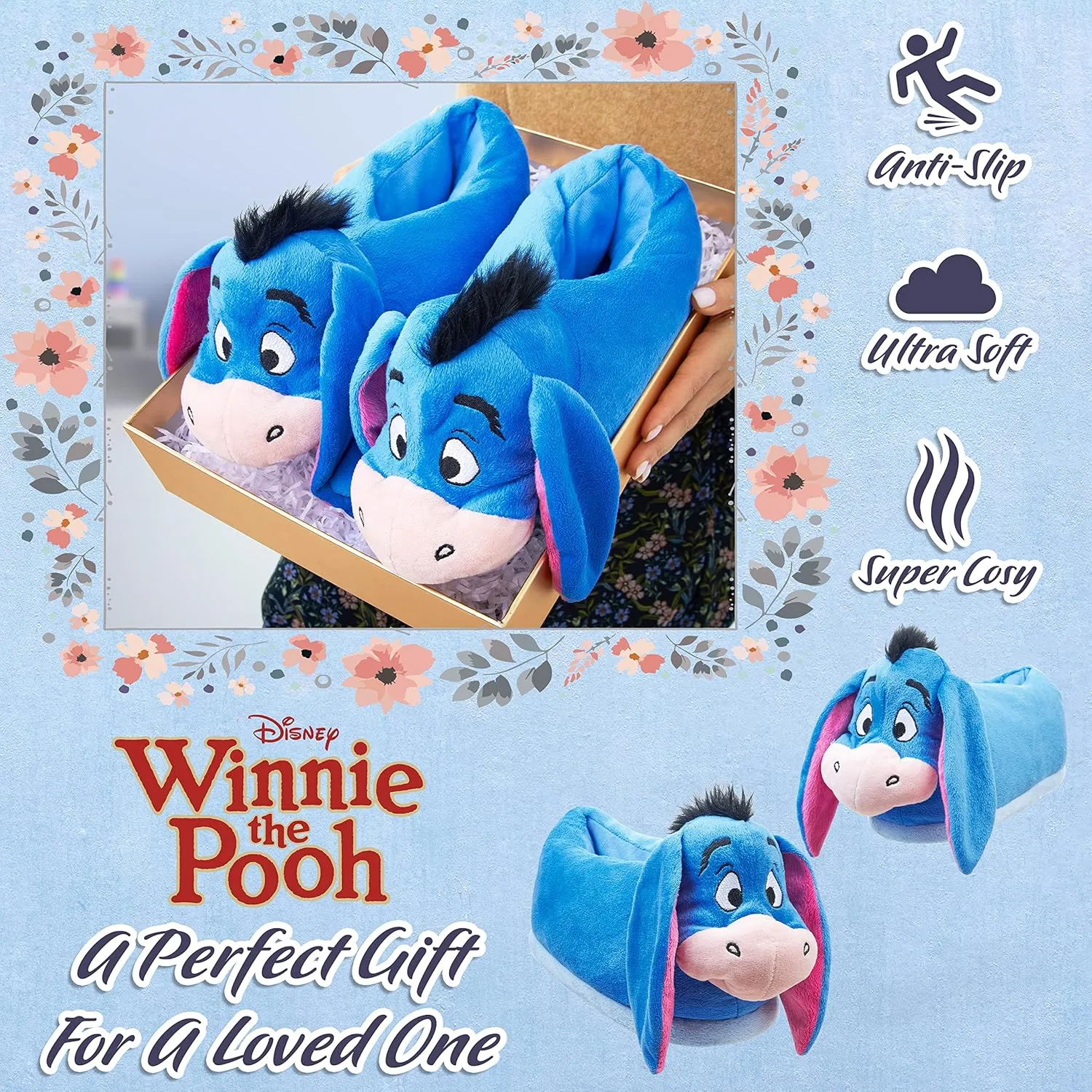 Disney Official 3D Eeyore Slippers, Winnie the Pooh Collection, Fleece Cartoon Slippers, Cute Gifts for Women