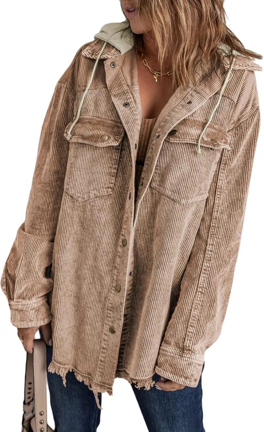 Dokotoo Womens 2024 Fall Corduroy Shacket Jacket Long Sleeve Button Down Color Block Hooded Coat with Pockets