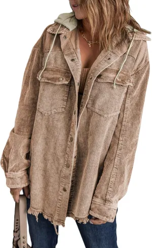 Dokotoo Womens 2024 Fall Corduroy Shacket Jacket Long Sleeve Button Down Color Block Hooded Coat with Pockets