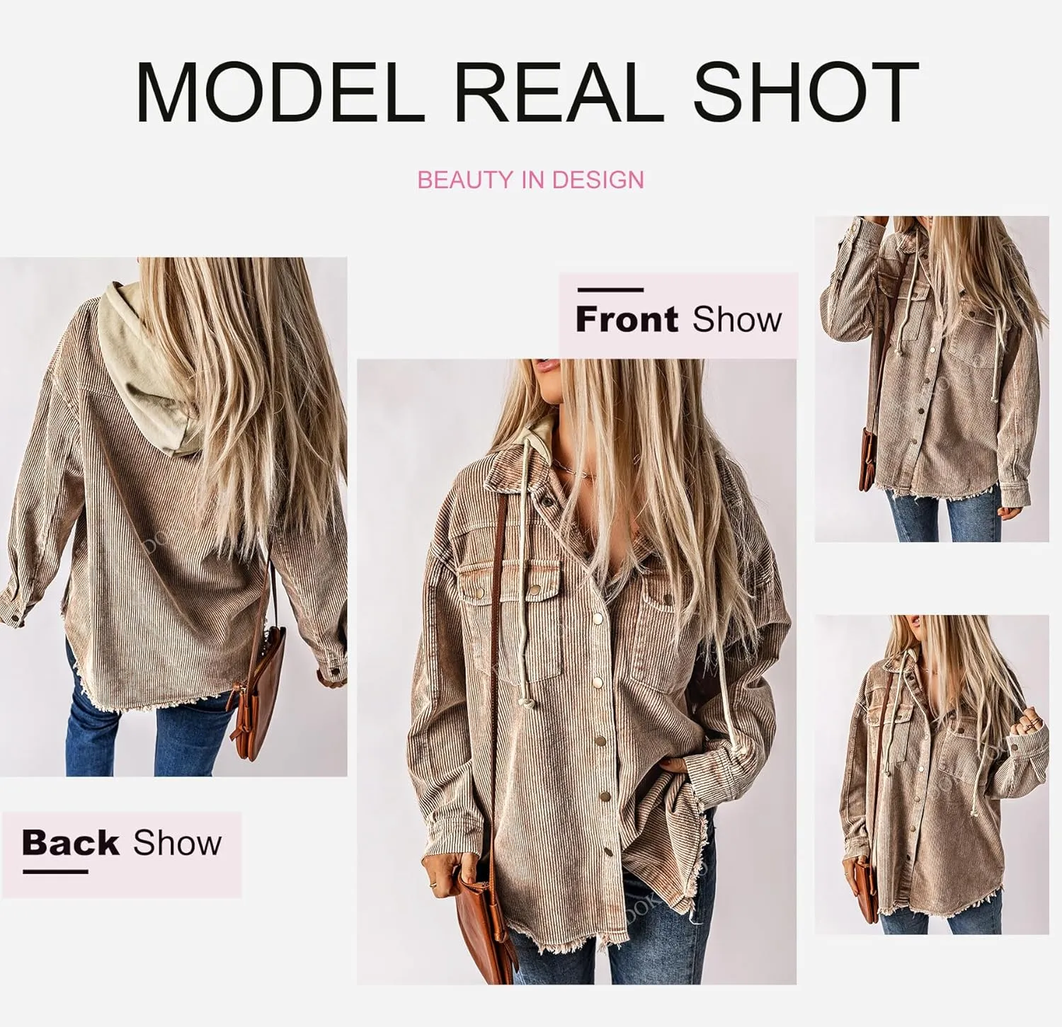 Dokotoo Womens 2024 Fall Corduroy Shacket Jacket Long Sleeve Button Down Color Block Hooded Coat with Pockets