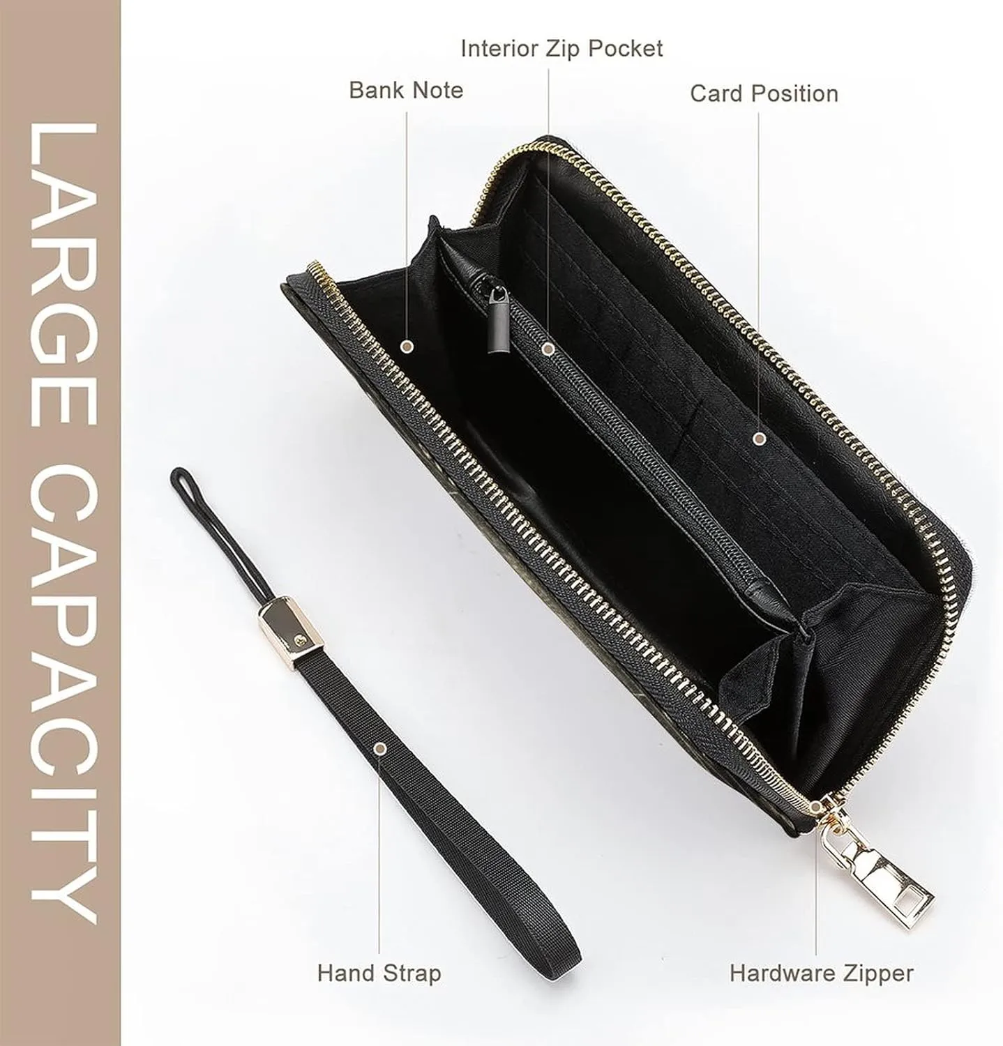 Donnapink Long Clutch Wallet, Long Handbag with Wristlet Strap, PU Leather Zip Purse