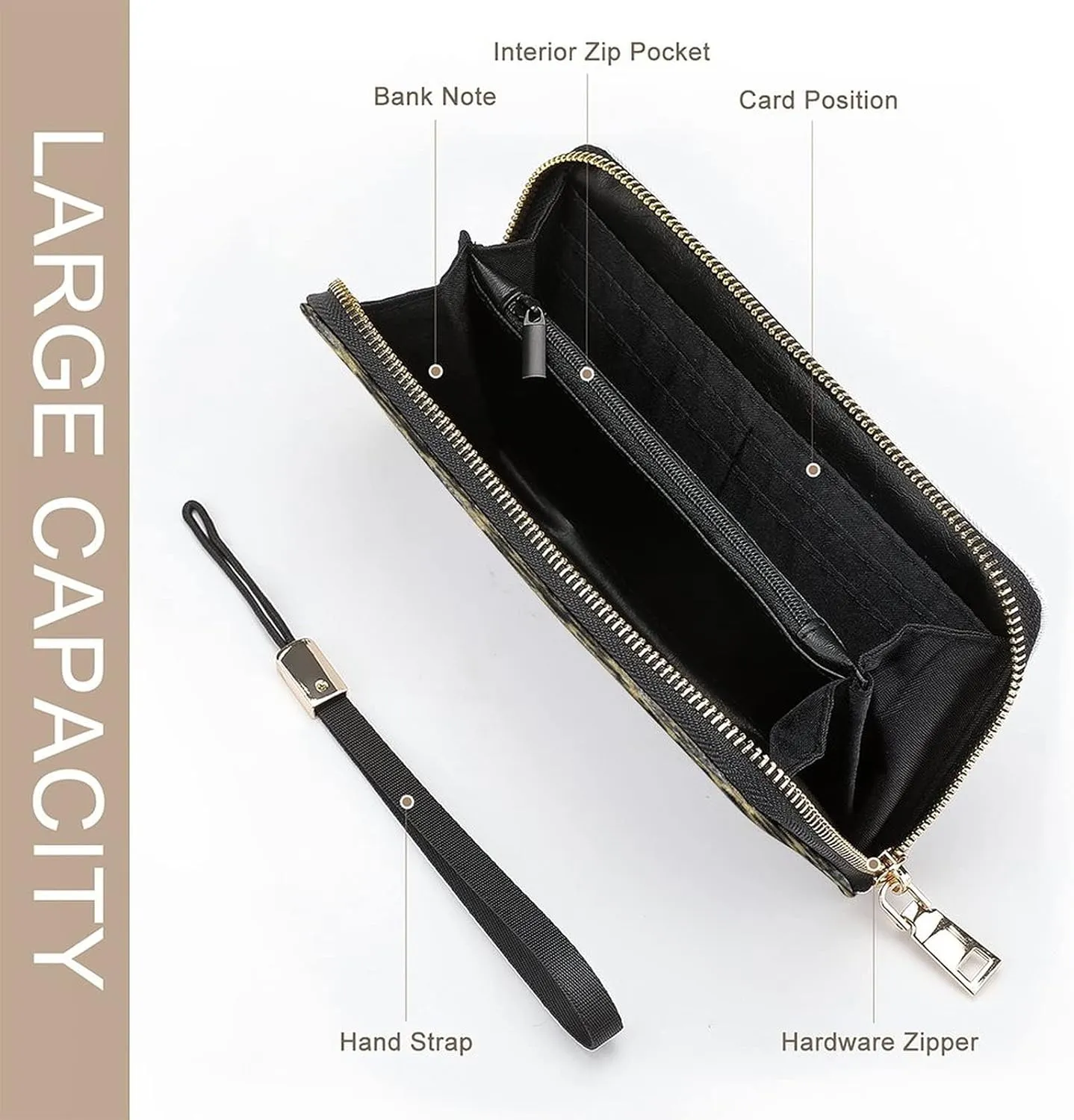 Donnapink Long Clutch Wallet, Long Handbag with Wristlet Strap, PU Leather Zip Purse