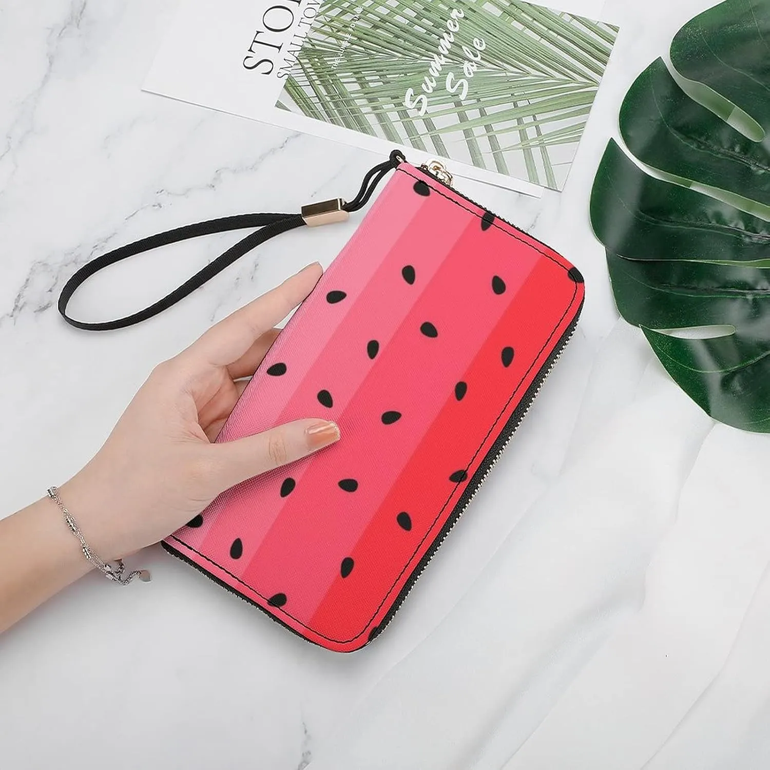 Donnapink Red White Green Watermelon Texture with Seamless Black Long Clutch Wallet, Long Handbag with Removable Wristlet Strap, PU Leather Zip Purse, Credit Pass Case Card-Holder for Men Women