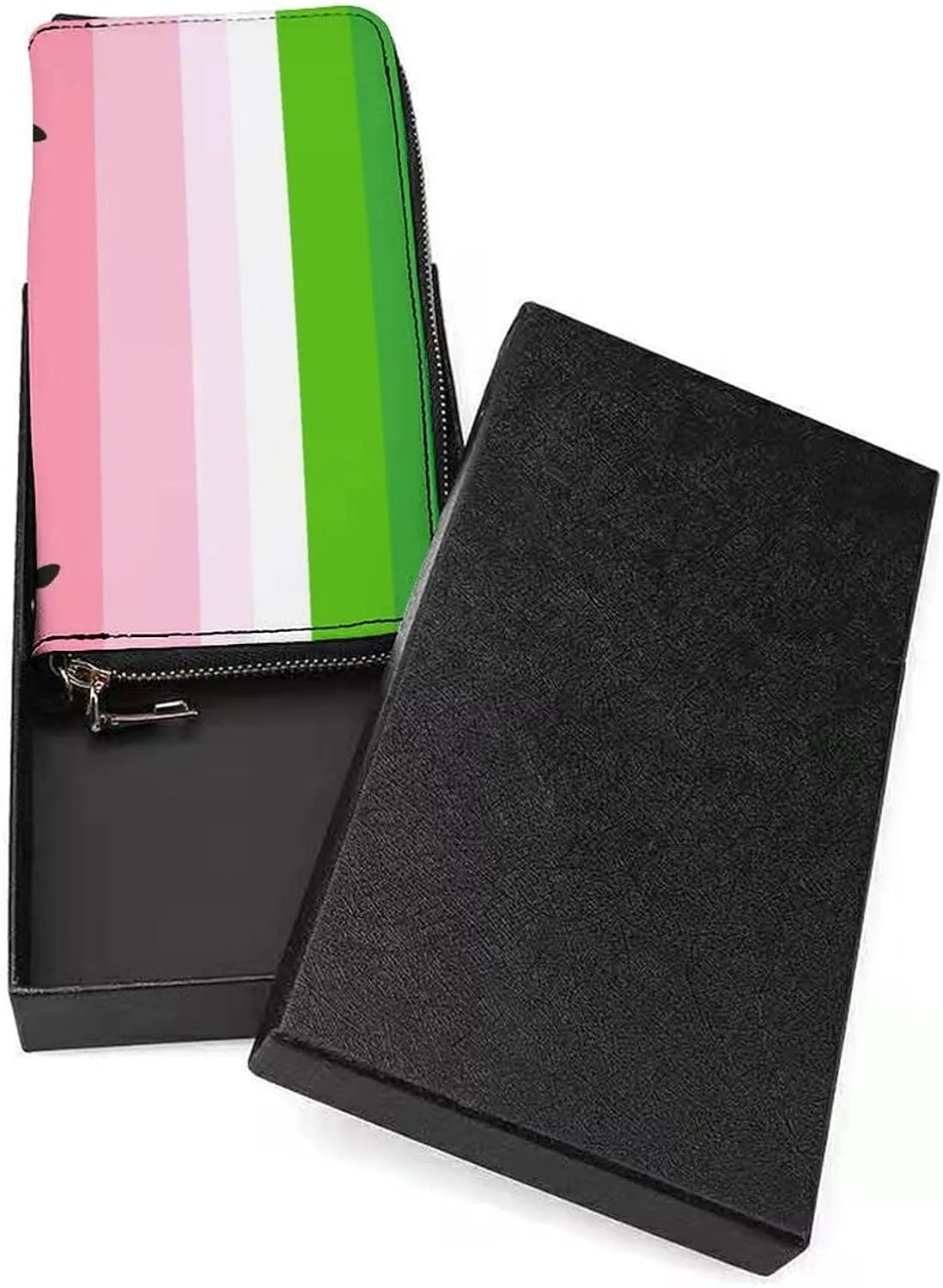 Donnapink Red White Green Watermelon Texture with Seamless Black Long Clutch Wallet, Long Handbag with Removable Wristlet Strap, PU Leather Zip Purse, Credit Pass Case Card-Holder for Men Women