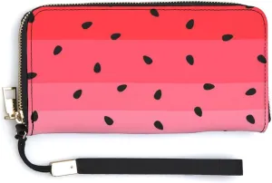 Donnapink Red White Green Watermelon Texture with Seamless Black Long Clutch Wallet, Long Handbag with Removable Wristlet Strap, PU Leather Zip Purse, Credit Pass Case Card-Holder for Men Women