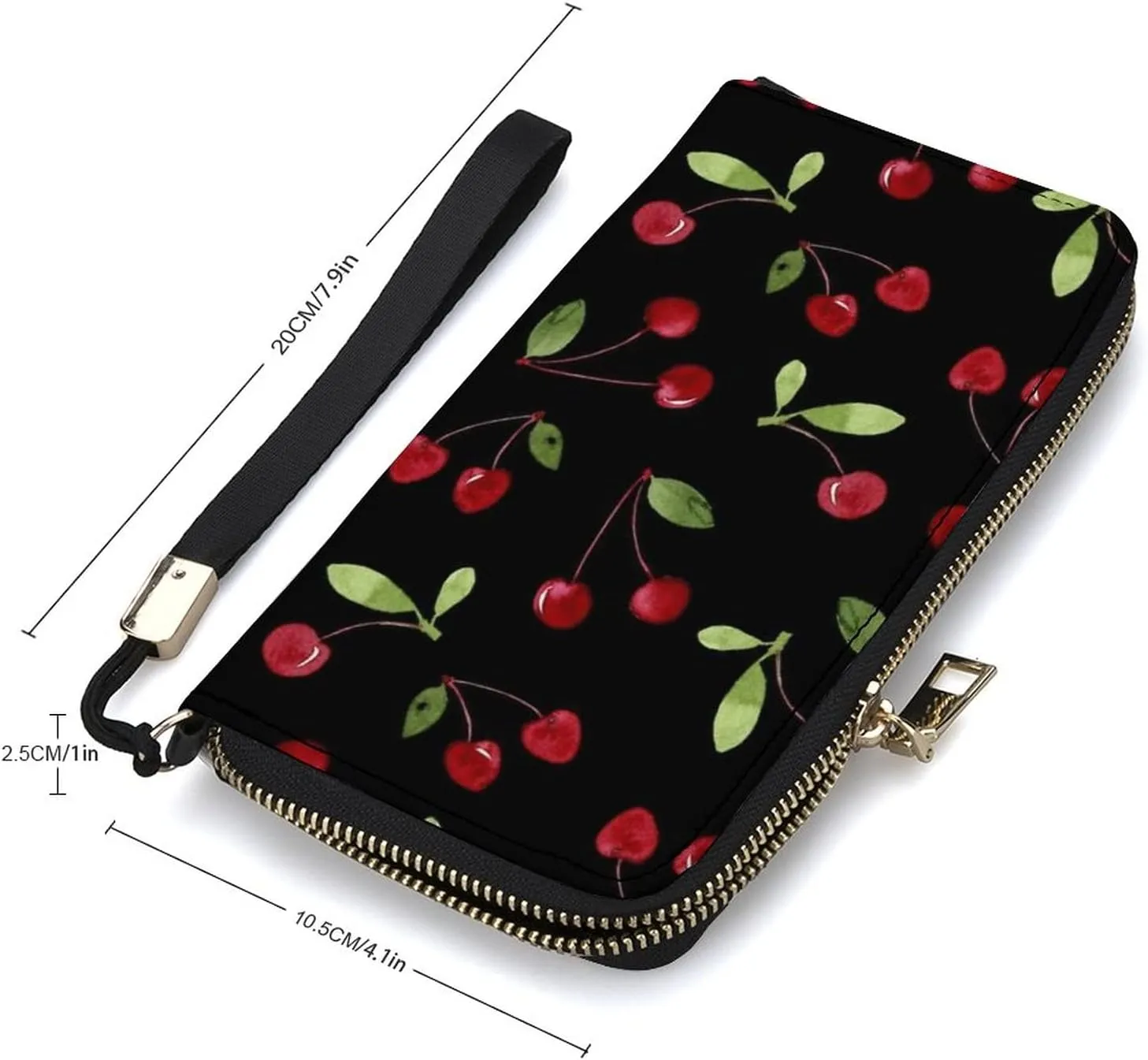 Donnapink Seamless Cherry Leaves Long Clutch Wallet, Long Handbag with Removable Wristlet Strap, PU Leather Zip Purse, Credit Pass Case Card-Holder for Men Women