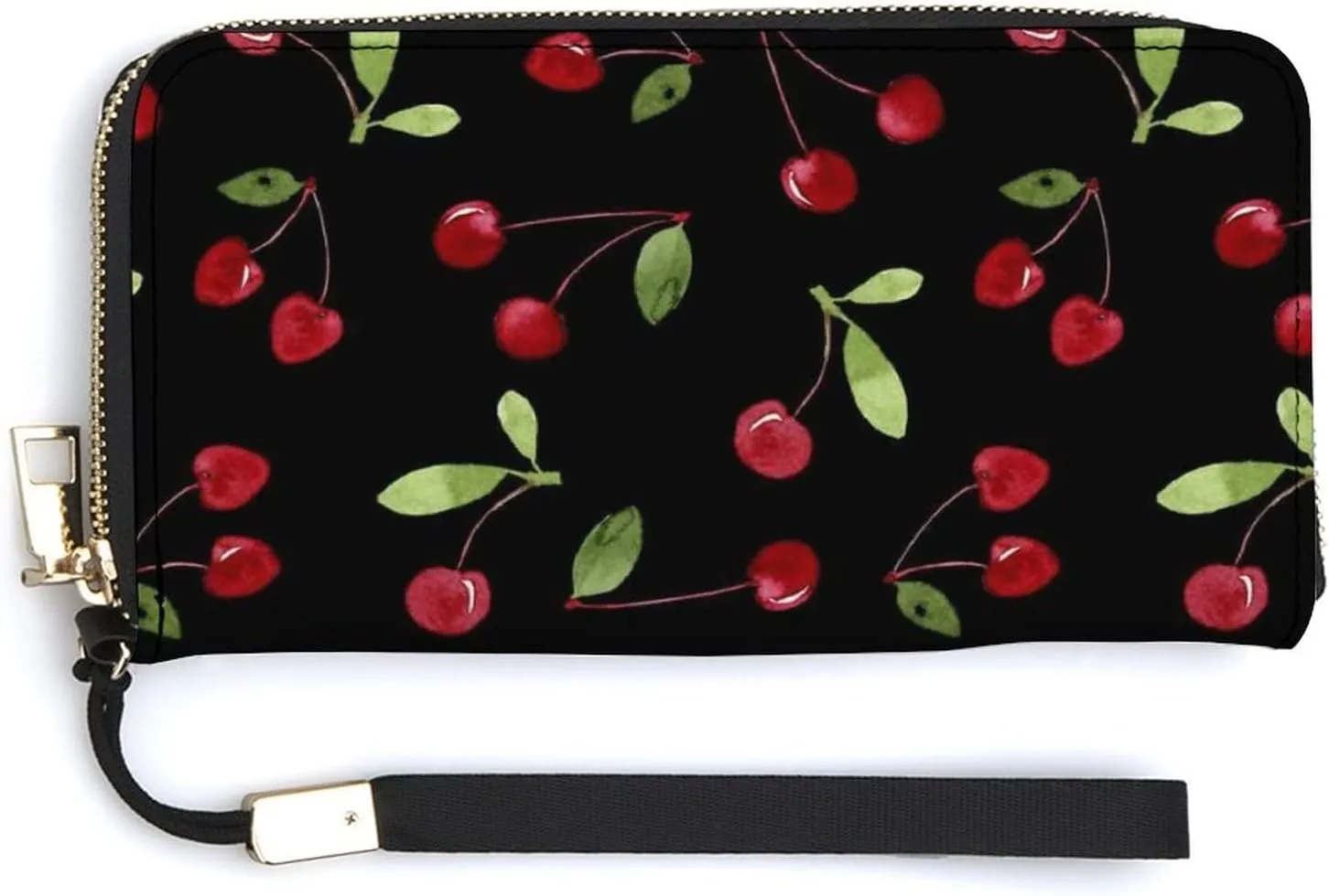 Donnapink Seamless Cherry Leaves Long Clutch Wallet, Long Handbag with Removable Wristlet Strap, PU Leather Zip Purse, Credit Pass Case Card-Holder for Men Women
