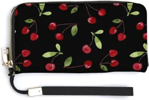 Donnapink Seamless Cherry Leaves Long Clutch Wallet, Long Handbag with Removable Wristlet Strap, PU Leather Zip Purse, Credit Pass Case Card-Holder for Men Women