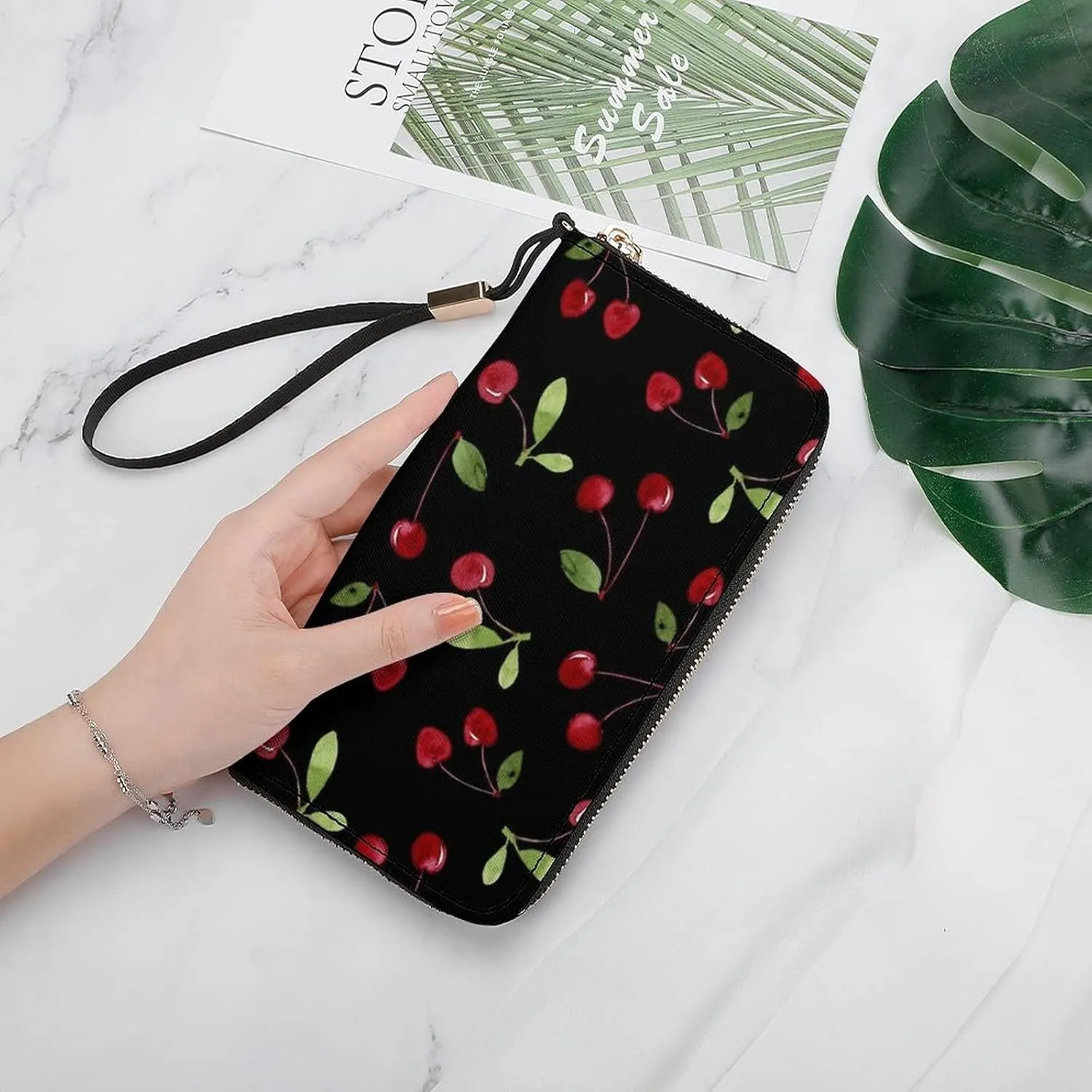 Donnapink Seamless Cherry Leaves Long Clutch Wallet, Long Handbag with Removable Wristlet Strap, PU Leather Zip Purse, Credit Pass Case Card-Holder for Men Women
