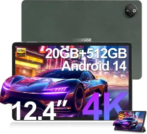 DOOGEE T30 Max Tablet 12.4 Inch 4K, Android 14 Tablet, 20GB RAM   512GB ROM (2TB TF), Helio G99 Tablets with 10800mAh Battery and 33W Fast Charging, 50MP 20MP TUV Certified, Side Fingerprint, Green