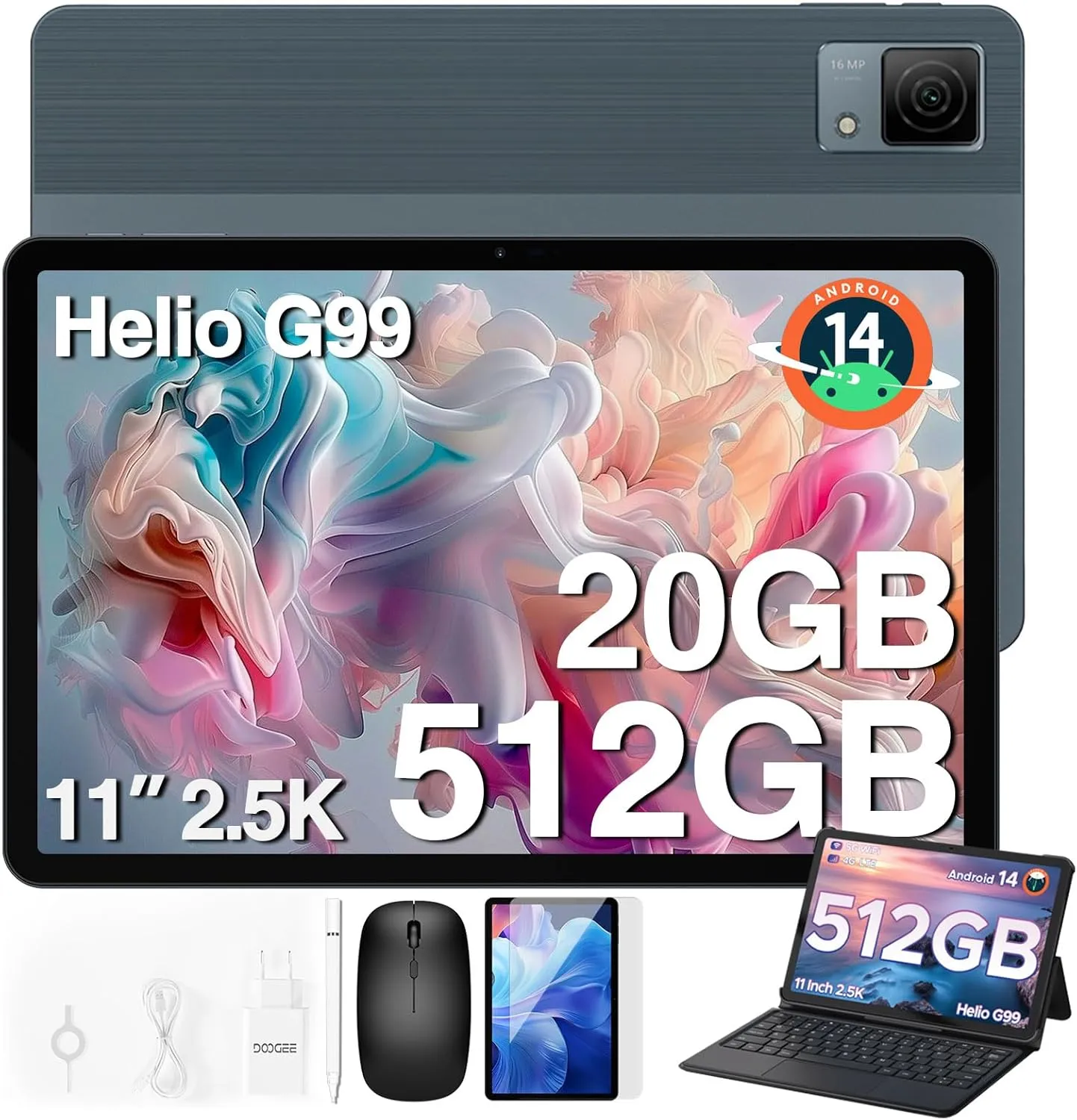 DOOGEE T40 Tablet with Keyboard,11" 2.5K Helio G99 Octa-core Tablet,20GB 512GB/TF 2TB,Android 14 Tablet with 8580mAh Battery,IPS 1600x2560 Display Gaming Tablet,4G LTE Cellular Tablet,Face ID,Gray