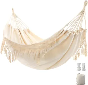 Double Boho Macrame Hammock with Elegant Tassels for Patio, Yard, Beach Wedding Decor, Outdoor and Indoor Up to 450lbs Include Tie Ropes and Drawstring Bag