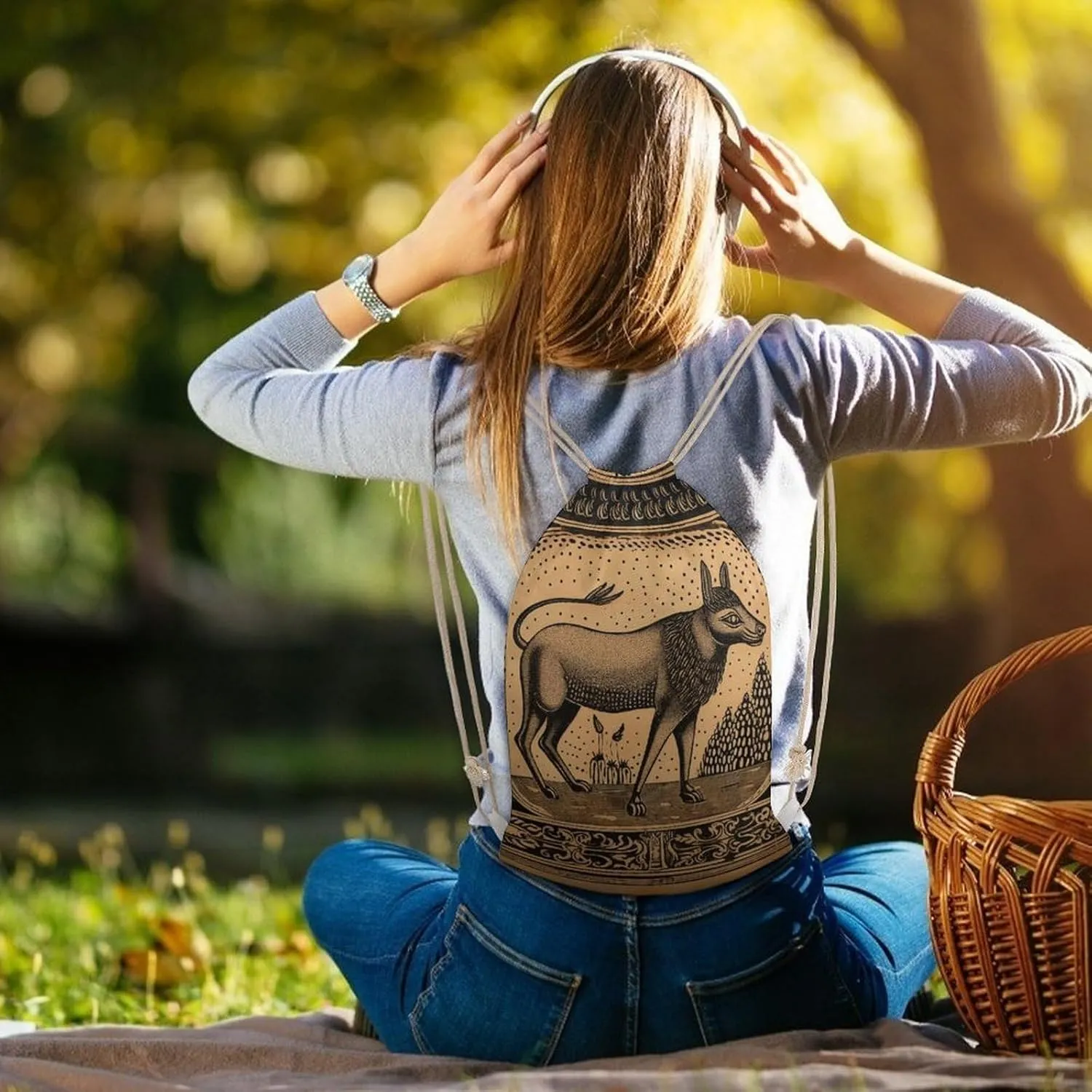 Drawstring Backpack Gym Drawstring Bags Woodcut Style Animals Sports Sackpack Trip String Bag for Men Women
