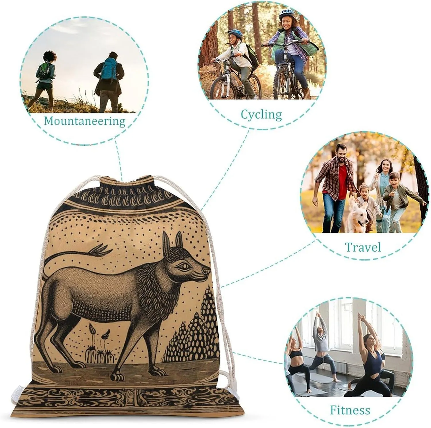 Drawstring Backpack Gym Drawstring Bags Woodcut Style Animals Sports Sackpack Trip String Bag for Men Women
