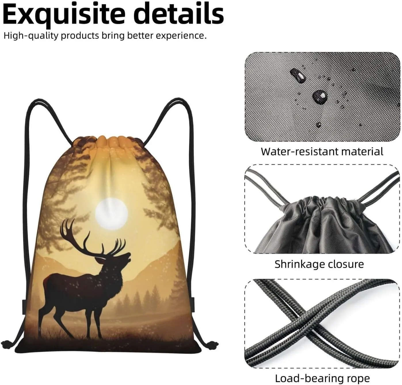 Drawstring Backpack Sports Gym Bag Elk Artwork Drawstring Bags Foldable Backpack for Women Men