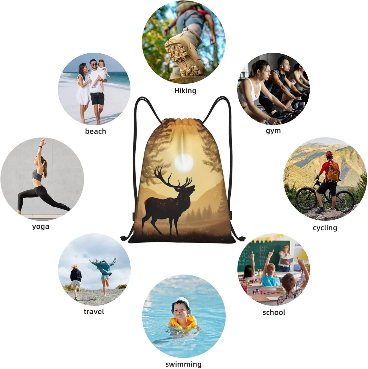 Drawstring Backpack Sports Gym Bag Elk Artwork Drawstring Bags Foldable Backpack for Women Men
