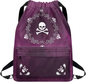 Drawstring Gym Backpack Bag Purple Skull Print for Women Men Fashion Lightweight Casual Sport Travel Yoga Bag
