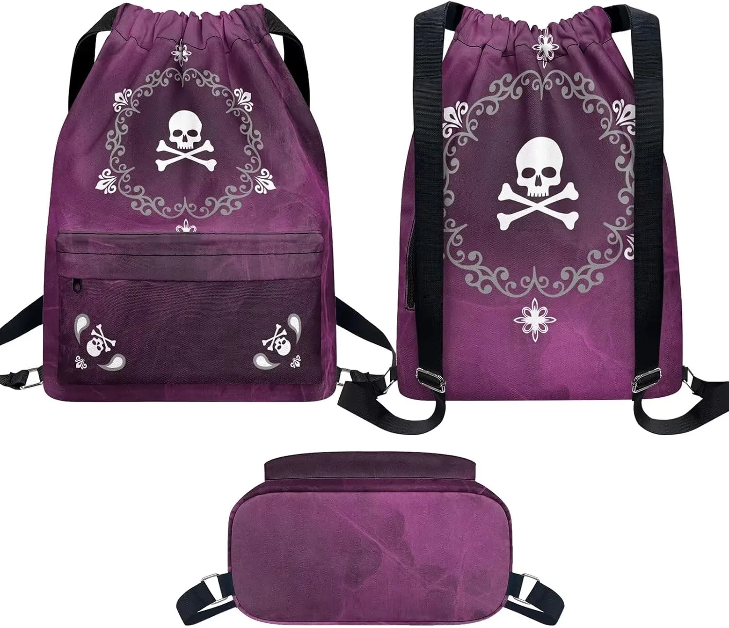 Drawstring Gym Backpack Bag Purple Skull Print for Women Men Fashion Lightweight Casual Sport Travel Yoga Bag