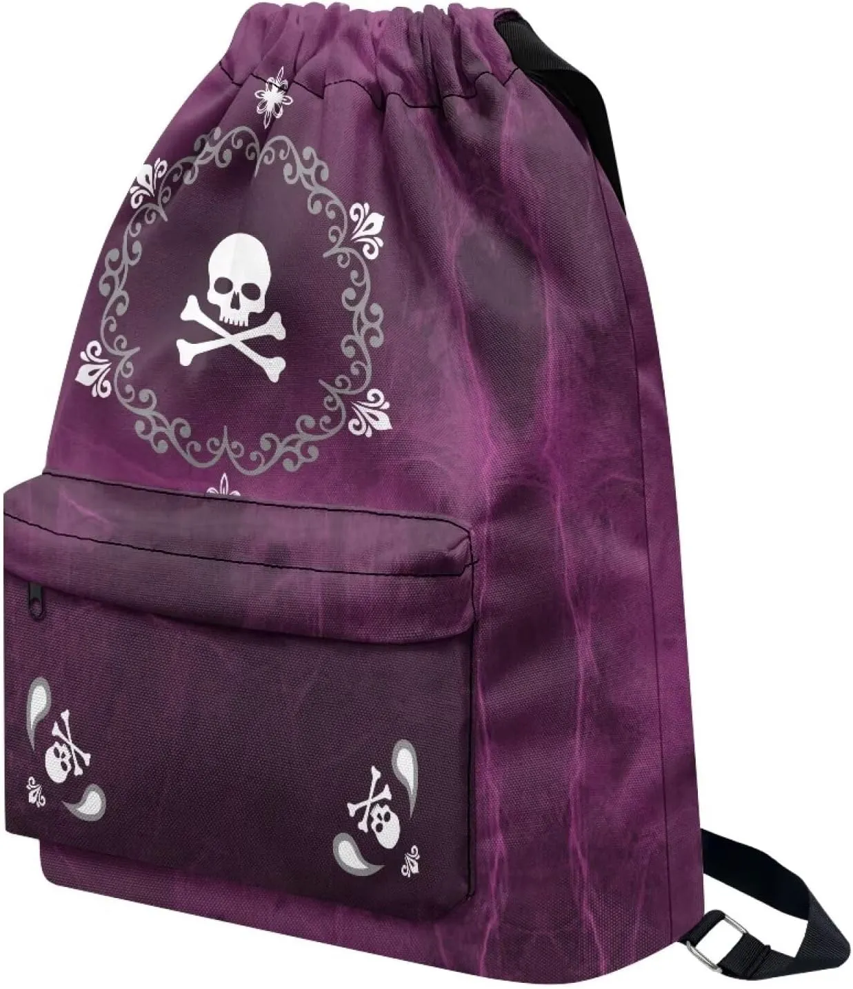 Drawstring Gym Backpack Bag Purple Skull Print for Women Men Fashion Lightweight Casual Sport Travel Yoga Bag