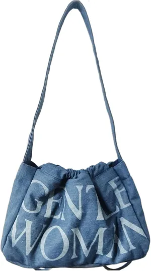 Drawstring Slouch Bag Stylish Denim Canvas Shoulder Handbag Travel Holiday Everyday Purse for Women