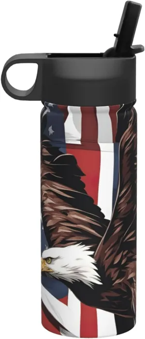 Eagle with USA Flag Print Flask Stainless Steel Water Bottle with Straw 18OZ FOR Outdoor Gym Commute