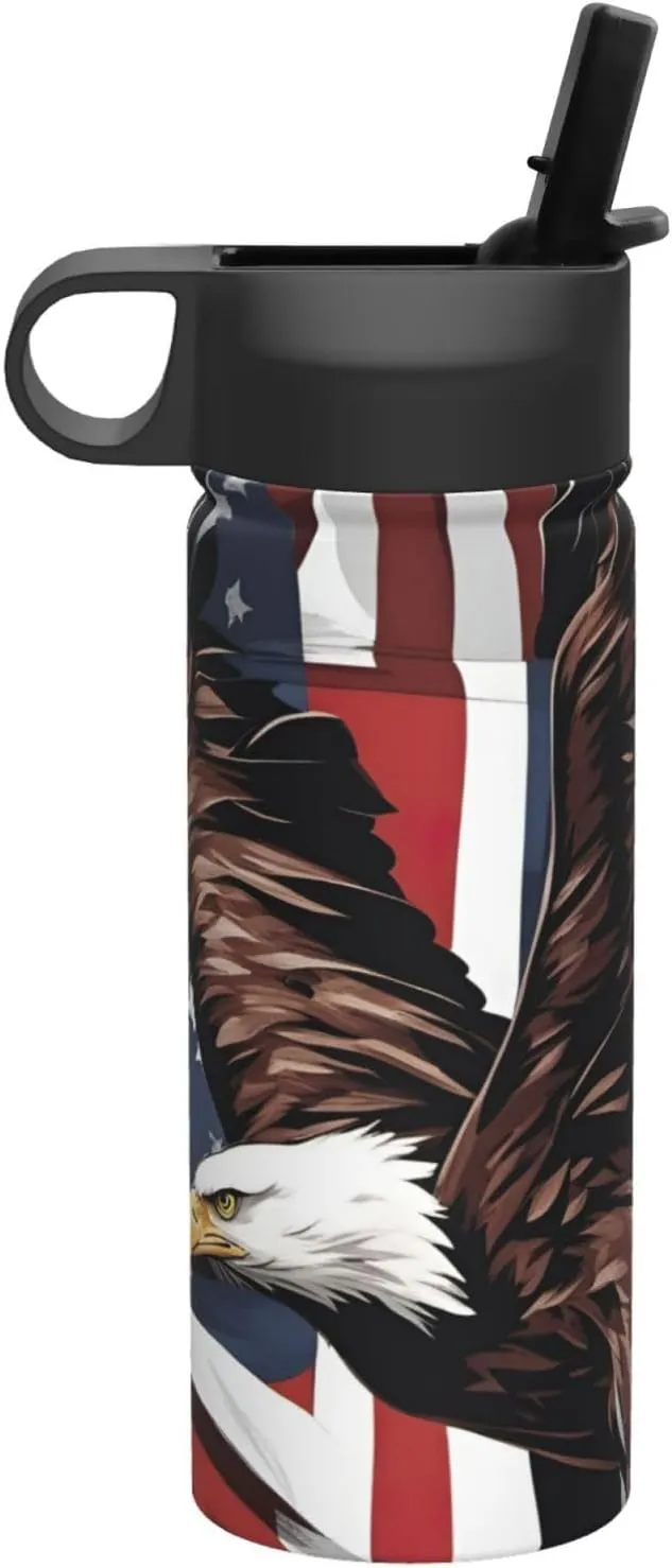 Eagle with USA Flag Print Flask Stainless Steel Water Bottle with Straw 18OZ FOR Outdoor Gym Commute