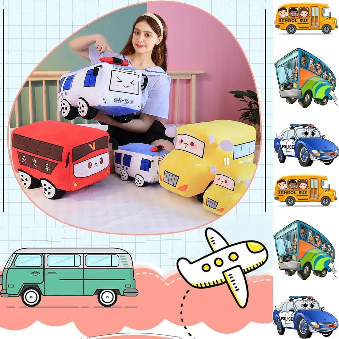 ELAINREN Simulation Police Car Plush Toy 3D Police Bus Stuffed Gifts for Kids Cartoon Car Shape Plushie Pillow Decor Gifts/28x18x15cm
