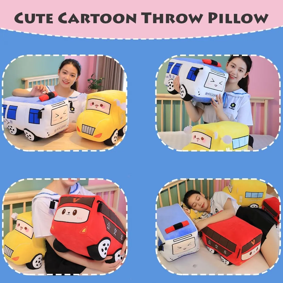 ELAINREN Simulation Police Car Plush Toy 3D Police Bus Stuffed Gifts for Kids Cartoon Car Shape Plushie Pillow Decor Gifts/28x18x15cm