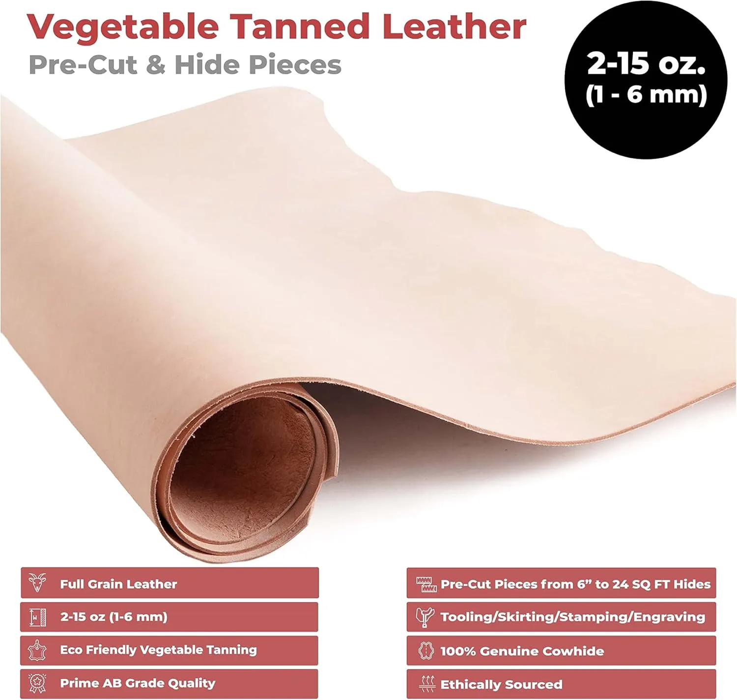 ELW 8-9 oz (3.2-3.6mm) Thickness Weight Pre-Cut 12"x24" Vegetable Tanned Leather Cowhide Grade AB Full Grain Leather for Tooling, Carving, Engraving, Molding, Embossing, Stamping, & Dyeing