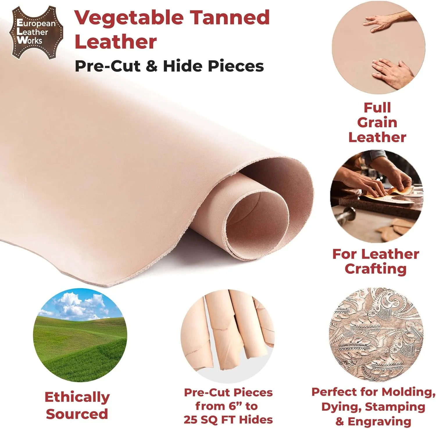 ELW 8-9 oz (3.2-3.6mm) Thickness Weight Pre-Cut 12"x24" Vegetable Tanned Leather Cowhide Grade AB Full Grain Leather for Tooling, Carving, Engraving, Molding, Embossing, Stamping, & Dyeing