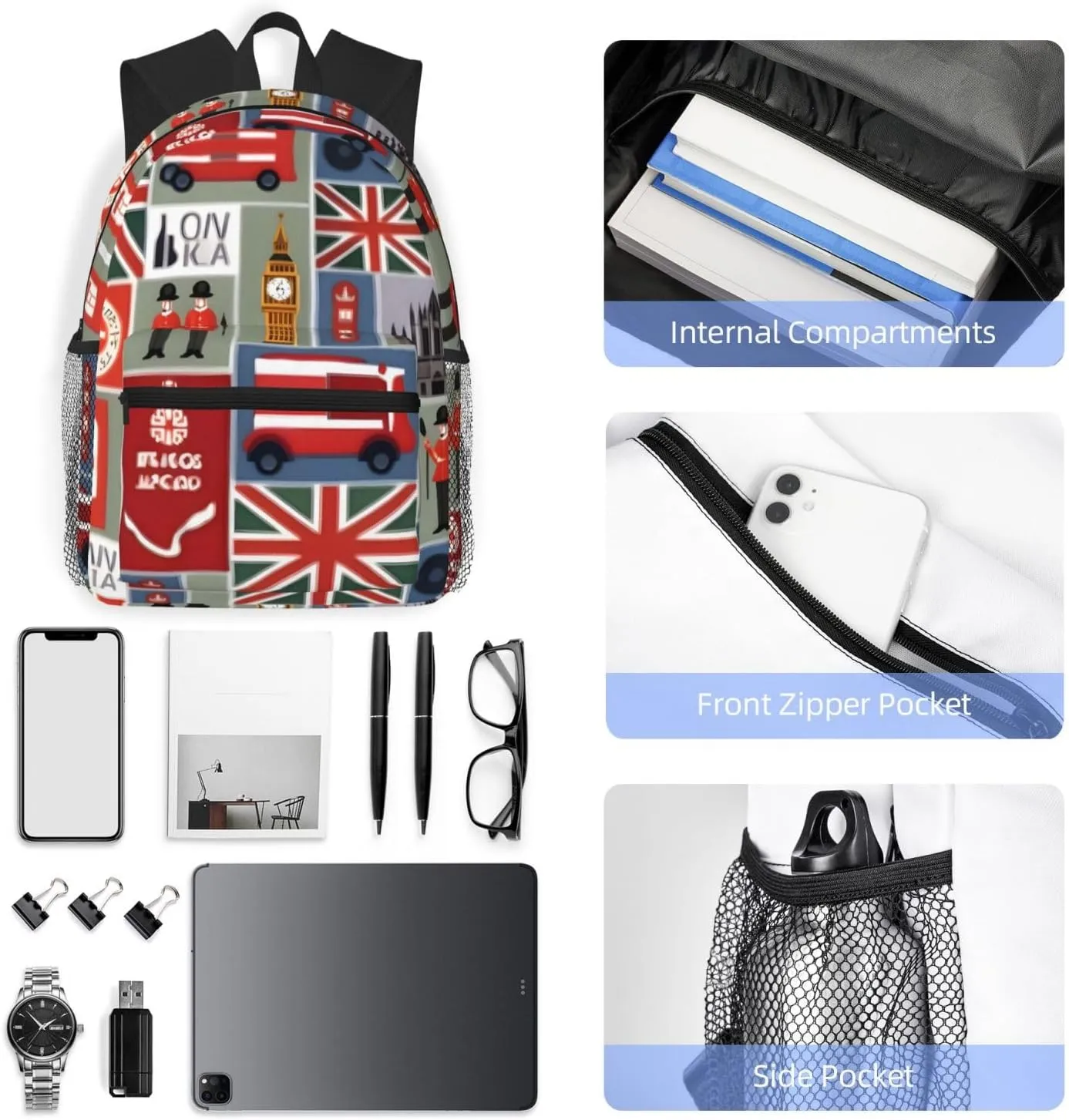 England Symbols print backpack Travel Laptop Backpack Cute Purse Casual Backpack work, traveling,