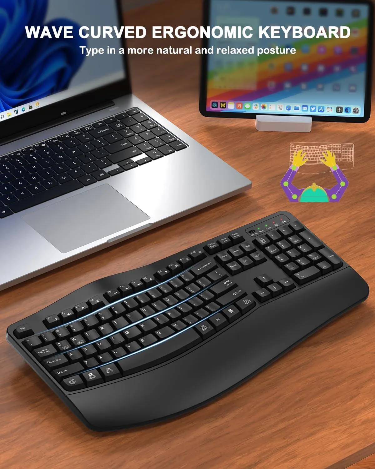 Ergonomic Wireless Keyboard with Wrist Rest, Wave Keys, Comfortable Natural Typing, 2.4GHz Full Size Ergo Wireless Computer Keyboard for Multi-OS, Windows, Mac OS Laptop/PC/Notebook (Black)