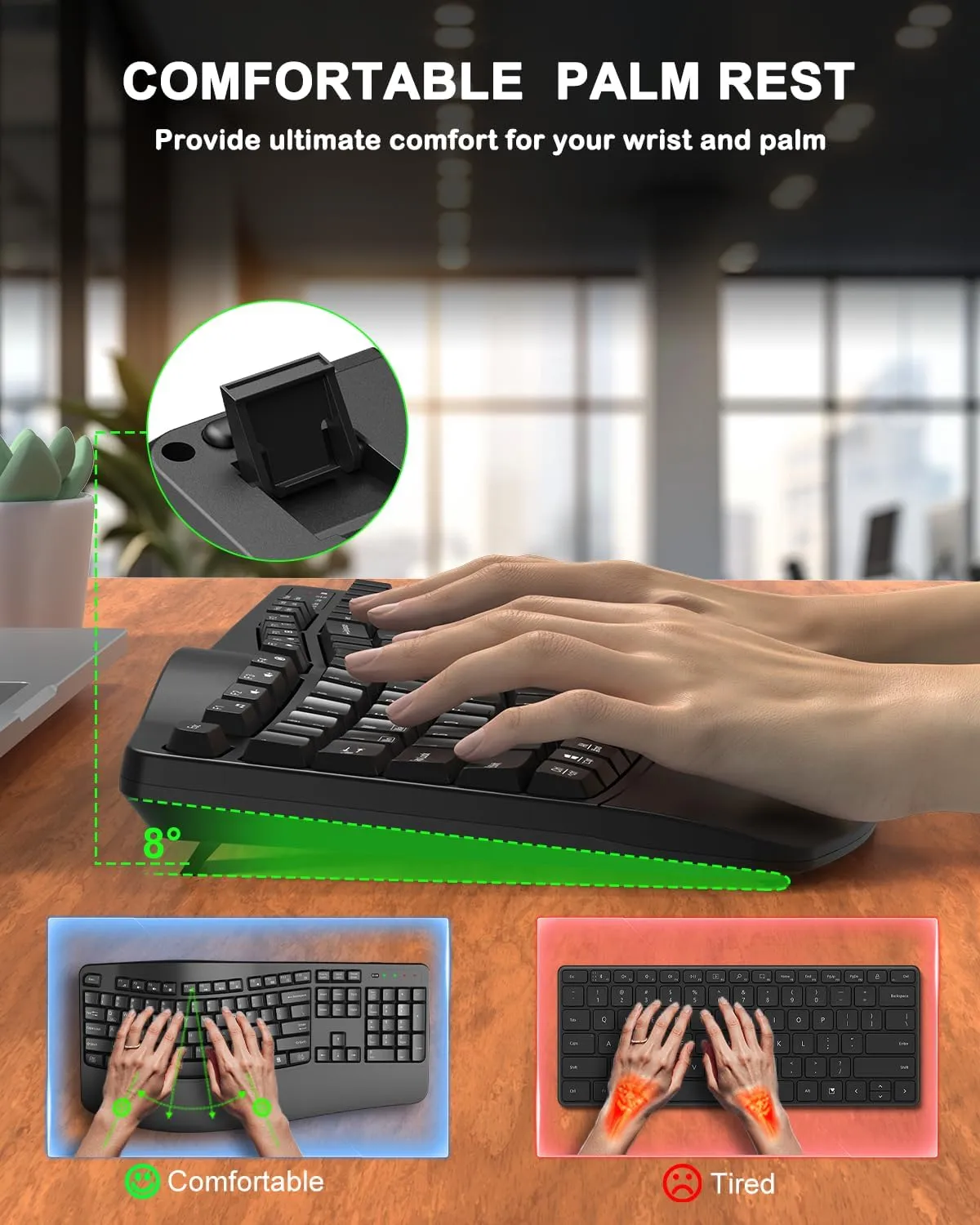 Ergonomic Wireless Keyboard with Wrist Rest, Wave Keys, Comfortable Natural Typing, 2.4GHz Full Size Ergo Wireless Computer Keyboard for Multi-OS, Windows, Mac OS Laptop/PC/Notebook (Black)