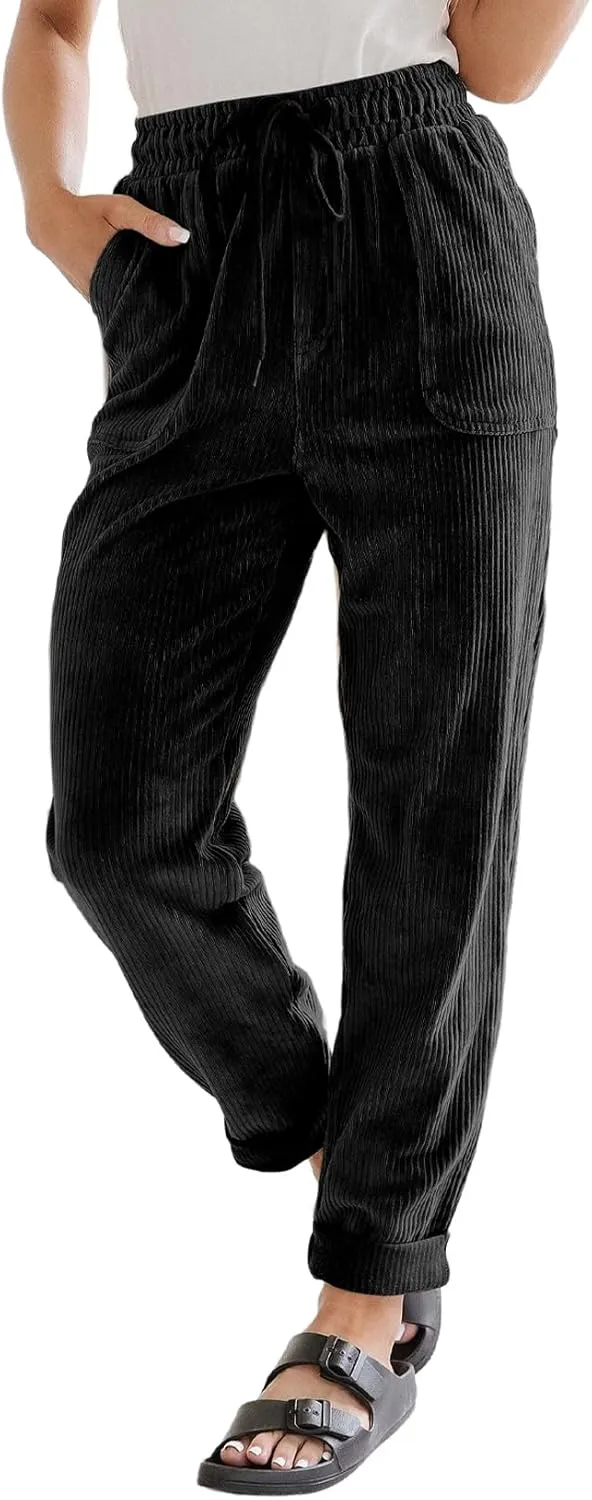 EVALESS Business Casual Black Corduroy Pants for Women Fall Spring 2025 Drawstring Elastic High Waist Pants Loose Comfy Straight Leg Trousers with Pockets Small