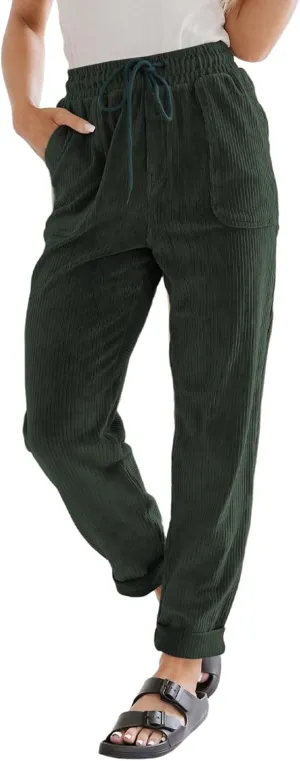 EVALESS Casual Corduroy Pants for Women Drawstring Elastic Waist Pants Fall Spring 2025 Comfy Straight Leg Trousers with Pockets XX-Large B Green