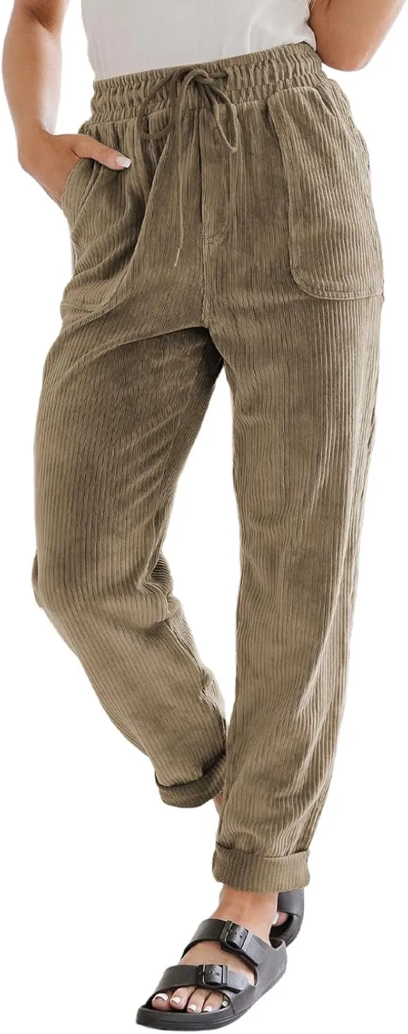 EVALESS Corduroy Pants for Women Casual Drawstring Elastic High Waist Straight Leg Harem Pants Fall Spring 2025 Loose Comfy Trousers with Pockets Khaki Medium