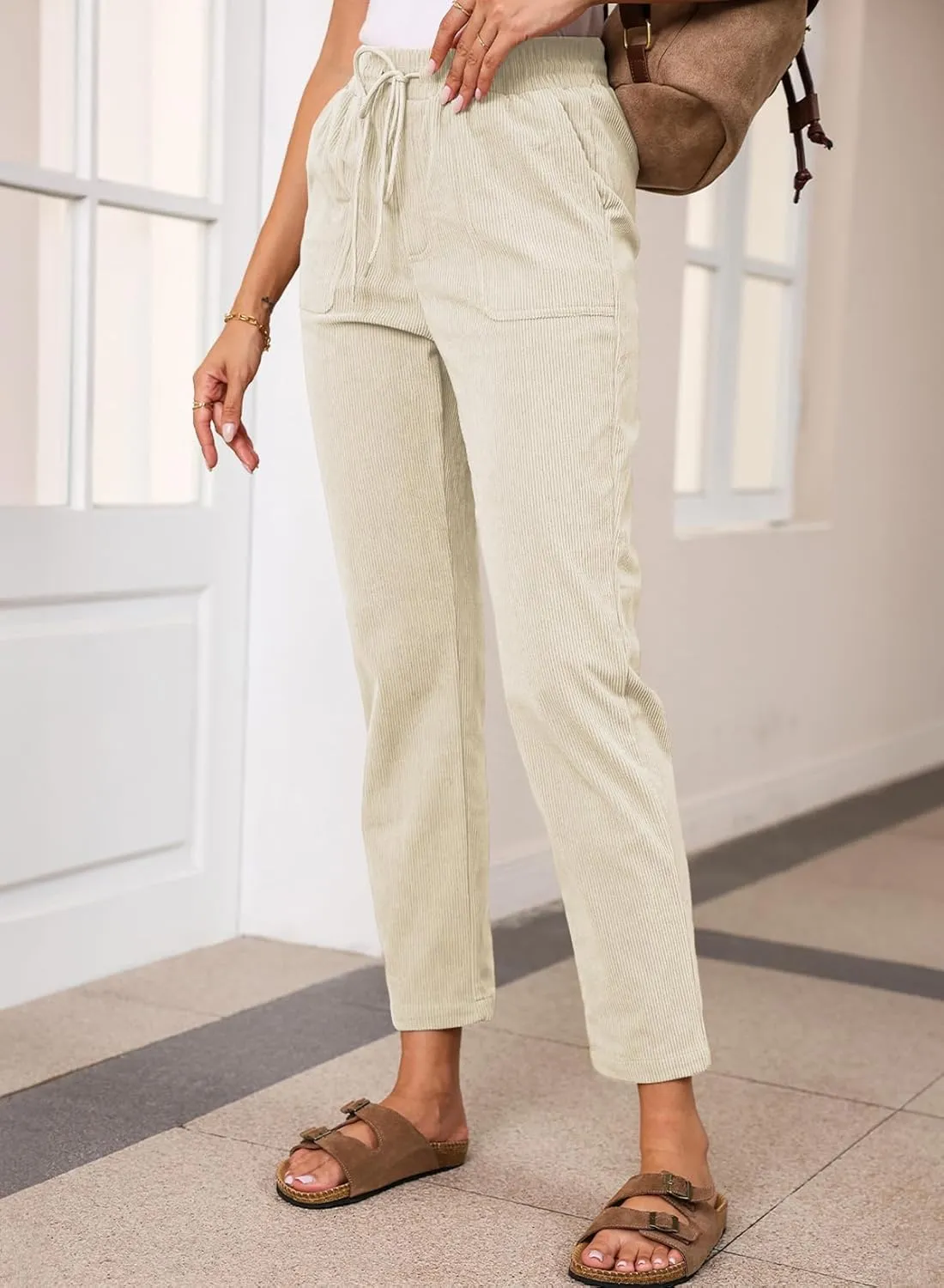 EVALESS Corduroy Pants for Women Casual Drawstring Elastic High Waist Straight Leg Pants Loose Comfy Trousers with Pockets