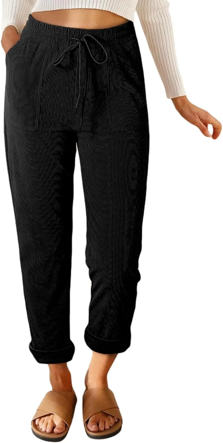 EVALESS Corduroy Pants for Women Casual Drawstring Elastic High Waist Straight Leg Pants Loose Comfy Trousers with Pockets