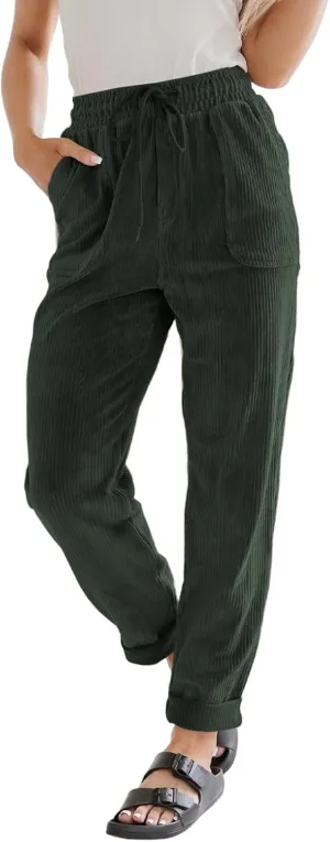 EVALESS Corduroy Pants for Women Casual Drawstring Elastic High Waist Straight Leg Pants Loose Comfy Trousers with Pockets