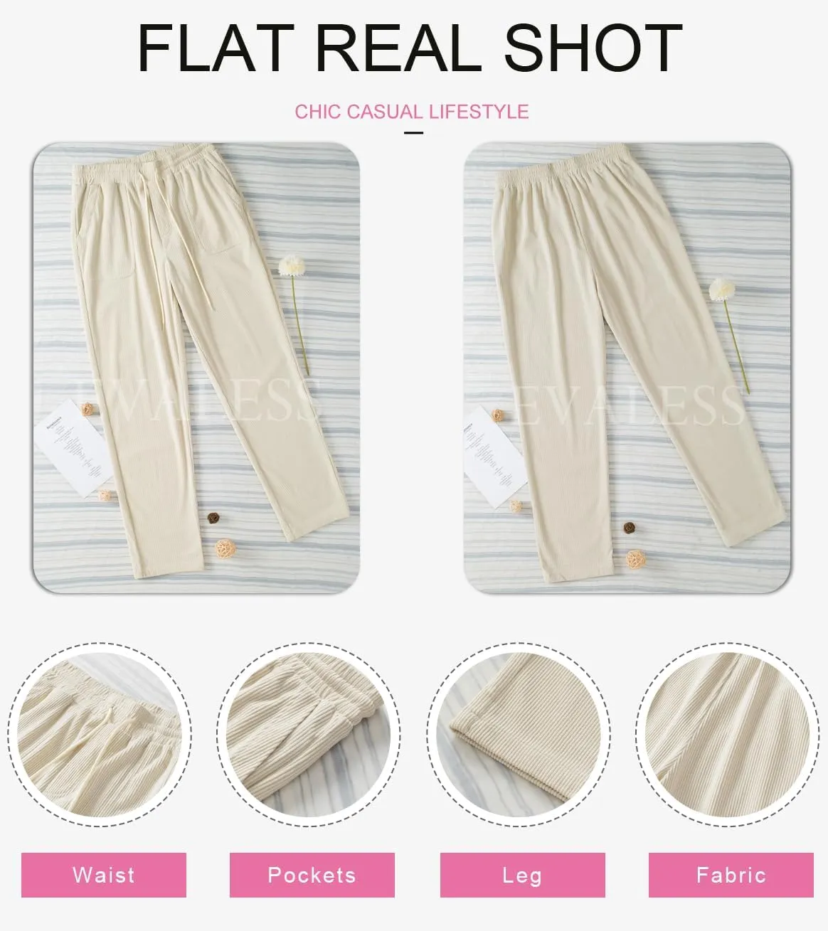 EVALESS Corduroy Pants for Women Casual Drawstring Elastic High Waist Straight Leg Pants Loose Comfy Trousers with Pockets