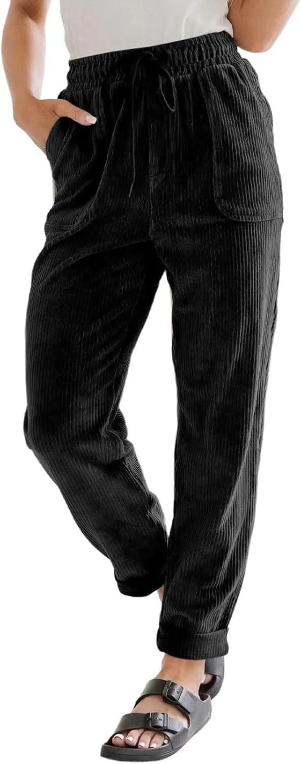 EVALESS Corduroy Pants for Women Casual Drawstring Elastic High Waist Straight Leg Pants Loose Comfy Trousers with Pockets