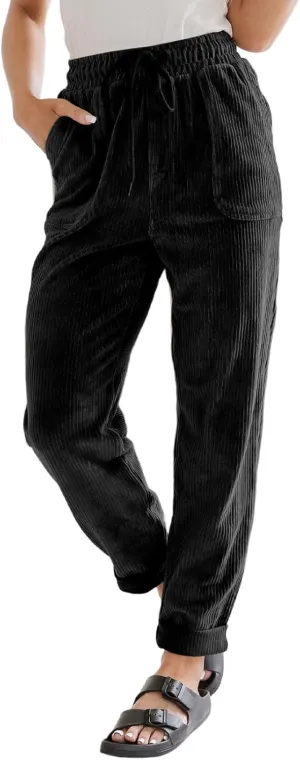 EVALESS Corduroy Pants for Women Casual Drawstring Elastic High Waist Straight Leg Pants Loose Comfy Trousers with Pockets