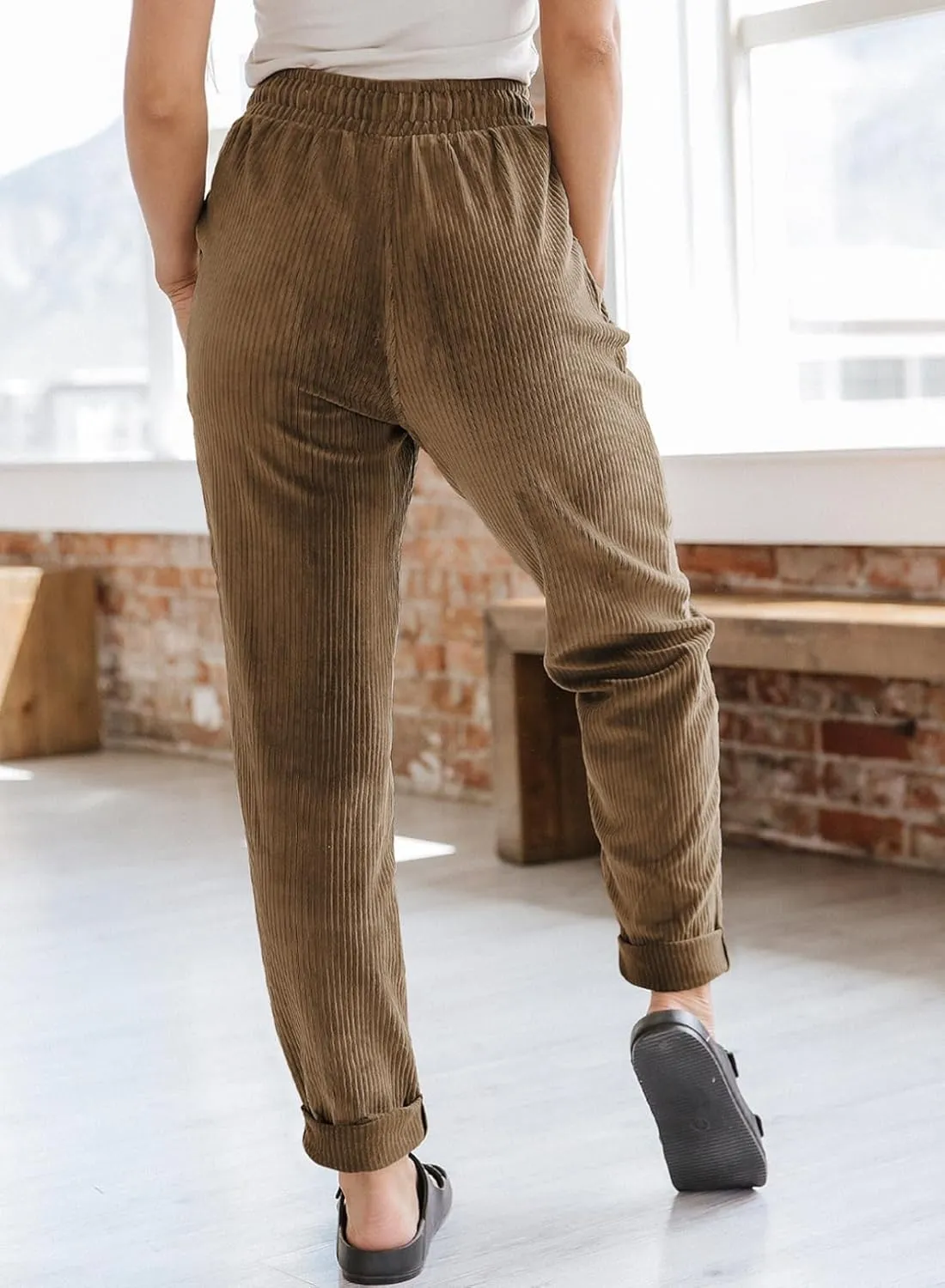 EVALESS Corduroy Pants for Women Casual Drawstring Elastic High Waist Straight Leg Pants Loose Comfy Trousers with Pockets